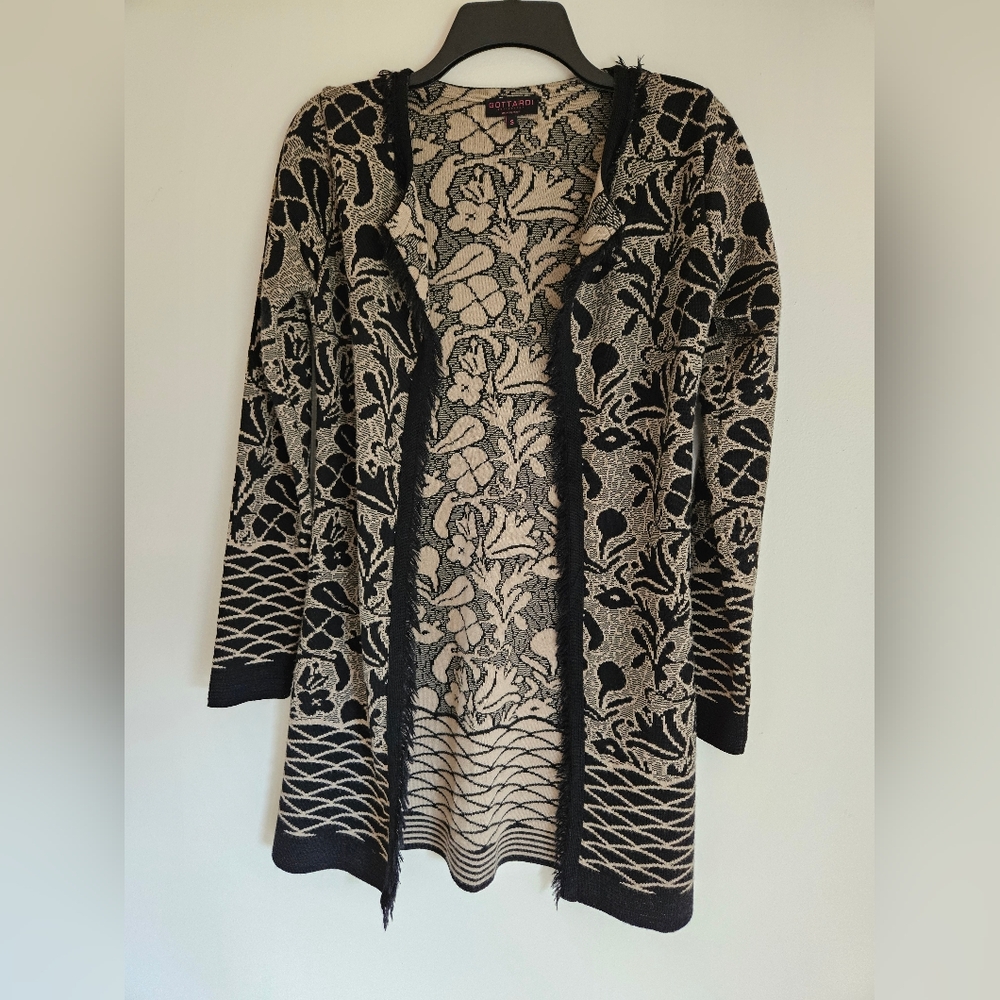 Gottardi S Longline Cardigan merino wool blend fringed black/beige Floral boho